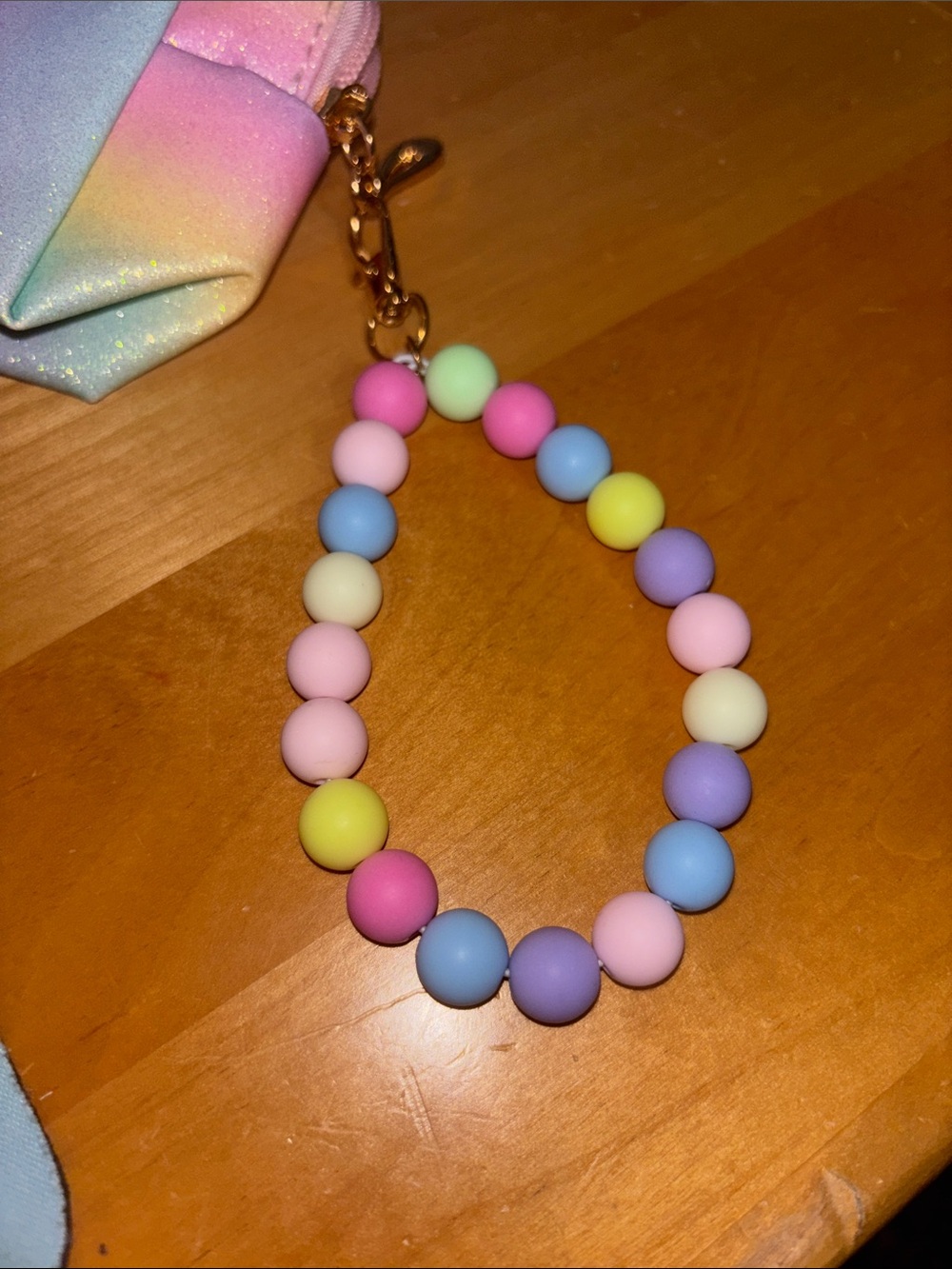 Rainbow Pastel Glitter Wristlet Pouch with letter Q & Beaded Strap - Picture 3 of 3